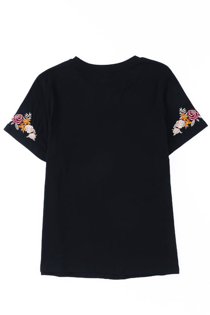 Floral Embroidered Round Neck Short Sleeve T Shirt | Black