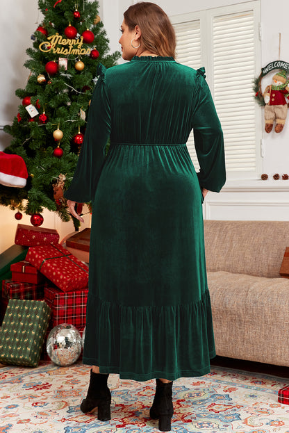 Velvet Frilled Up Neck Ruffled High Waist Plus Size Midi Dress | Blackish Green