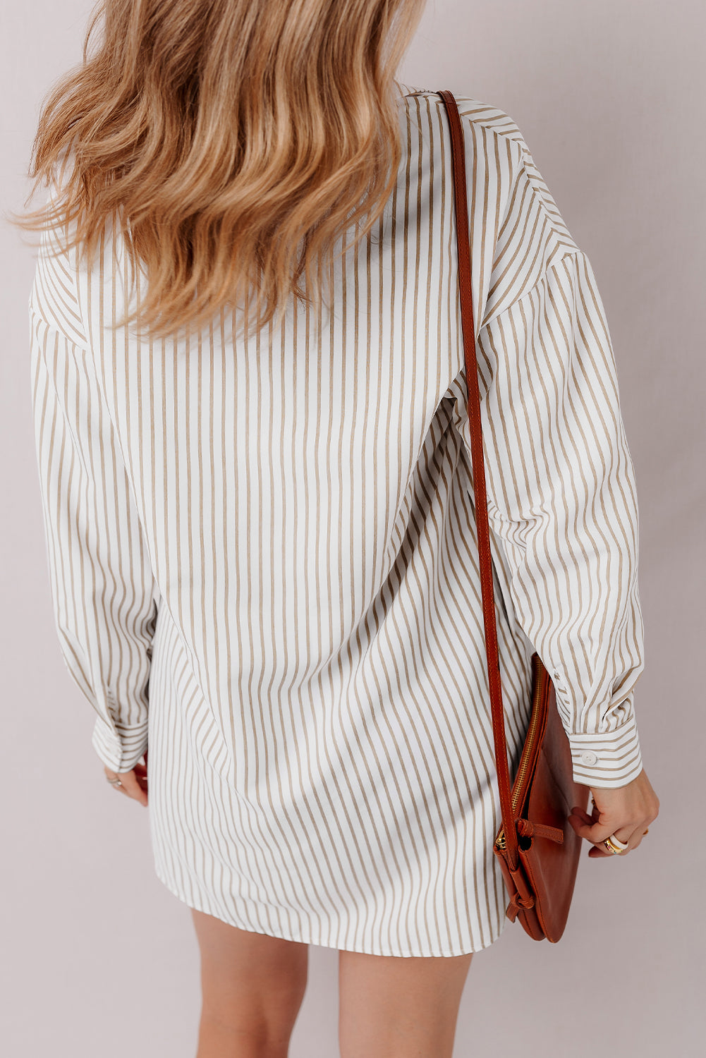 Long Sleeve Button Up Mini Shirt Dress | Khaki Stripe