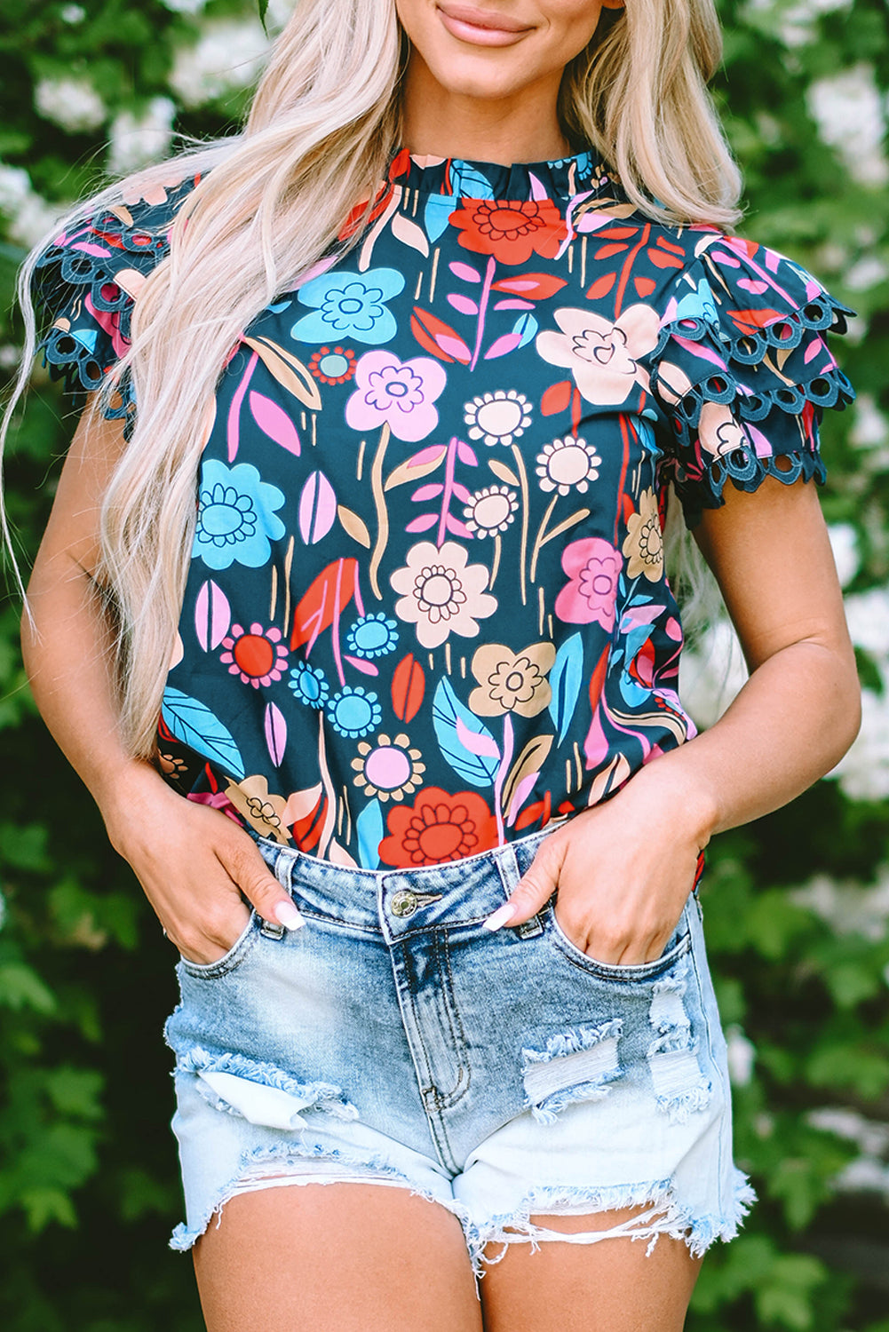 Trimmed Ruffle Sleeve Summer Floral Blouse | Green