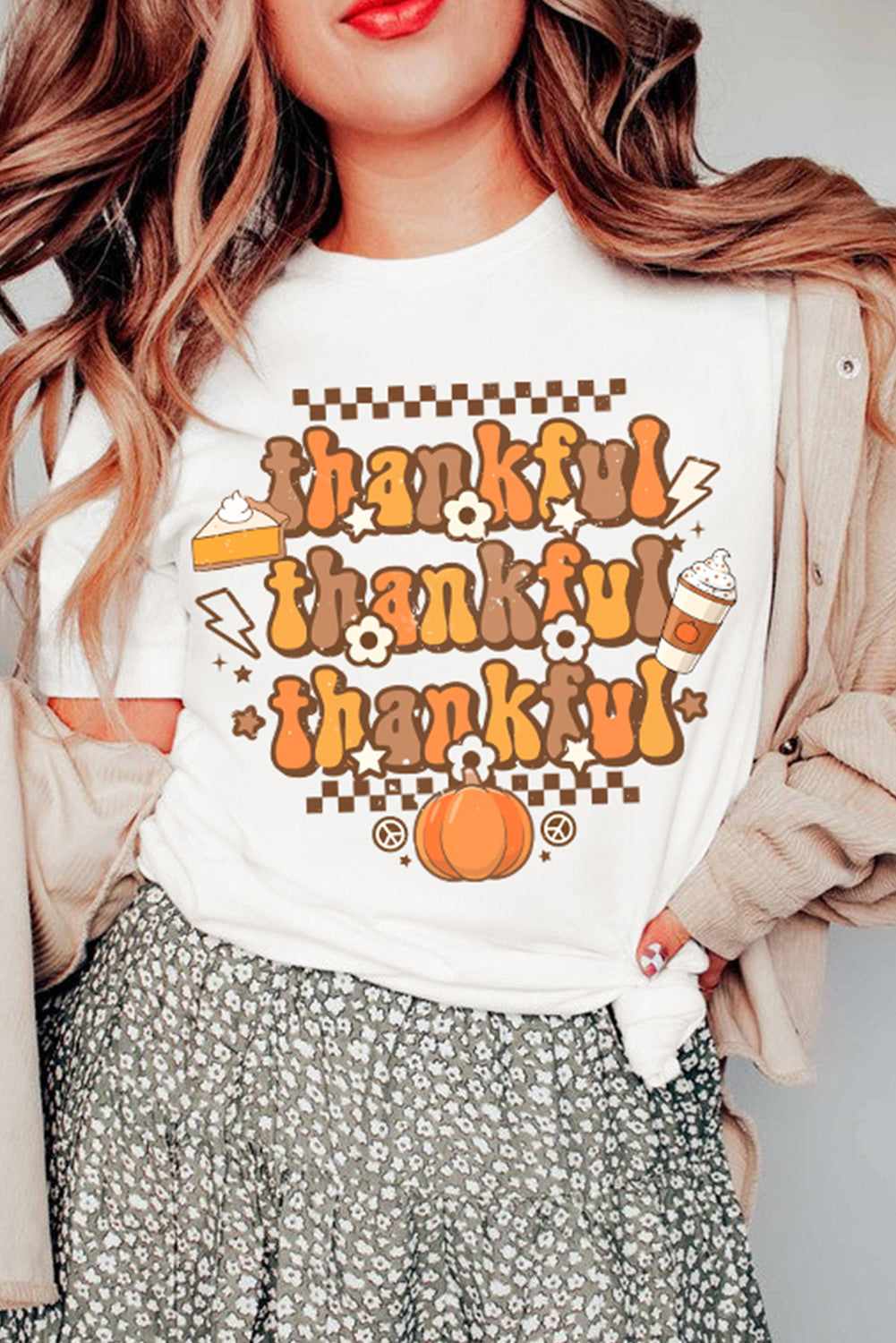 Thankful Crew Neck Thanksgiving Graphic Tee | Khaki