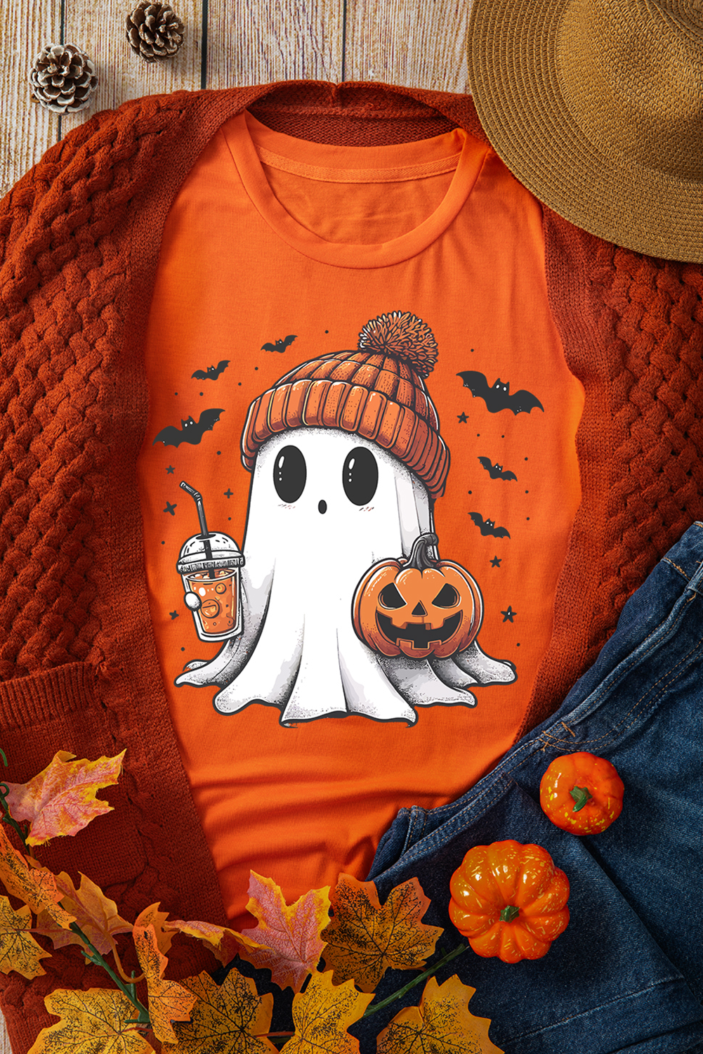 Cute Ghost Pumpkin Face Printed Halloween T Shirt | Orange