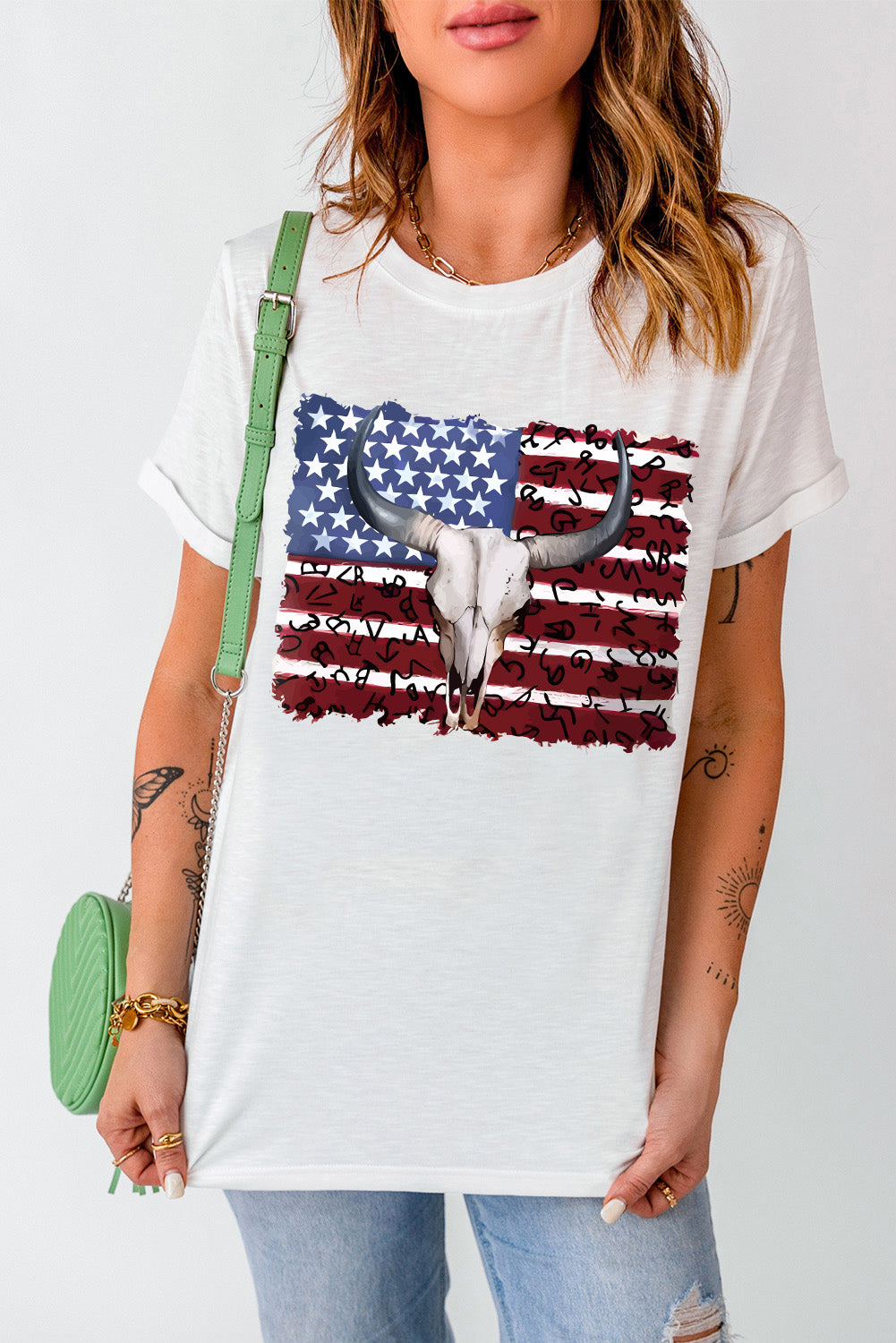 Bull Skull American Flag Graphic Tee | White