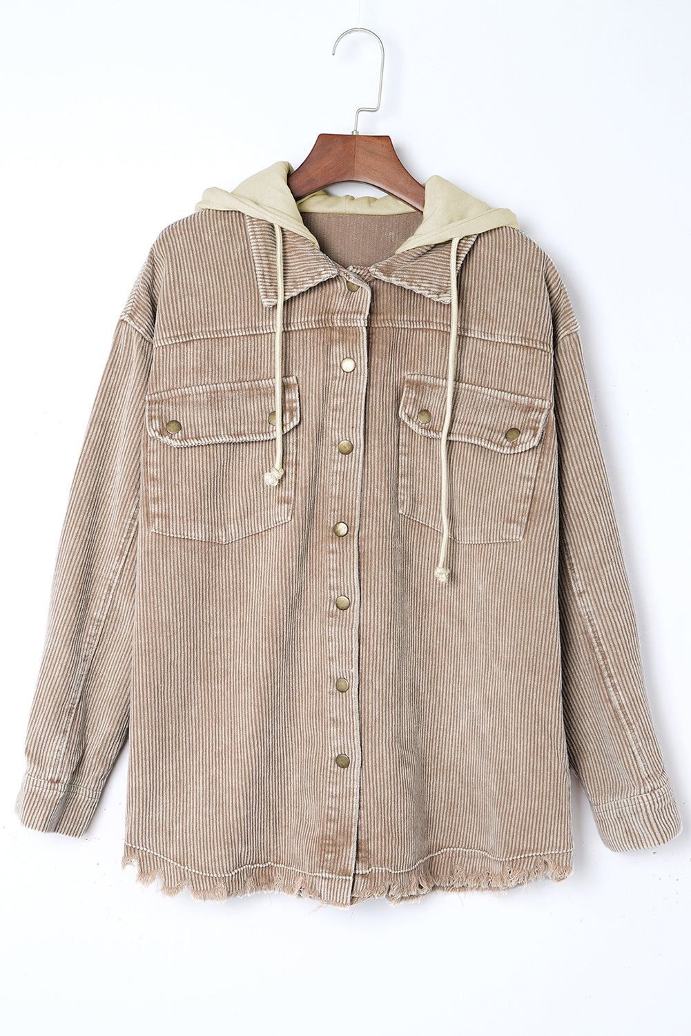 Patchwork Hooded Corduroy Shacket | Khaki