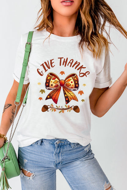 Give Thanks Bowknot Graphic Cuffed Sleeve T Shirt | White