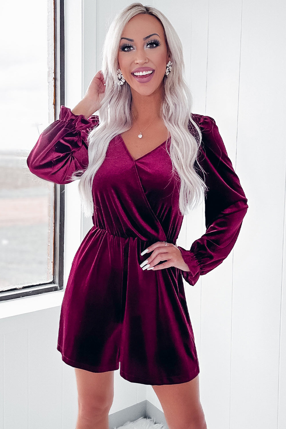 Velvet Surplice Neck Ruffled Sleeve High Waist Romper | Red Dahlia