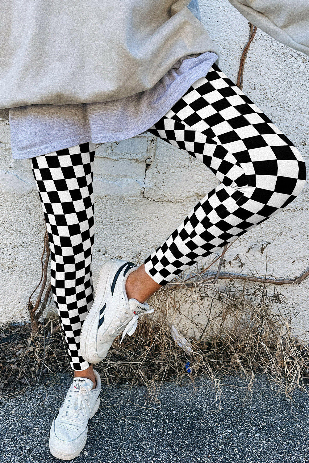 Checkered Pattern High Waist Skinny Leggings | Black