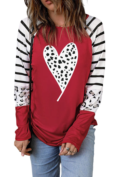 Fiery  Valentines Leopard Heart Print Colour Block Long Sleeve Top | Red