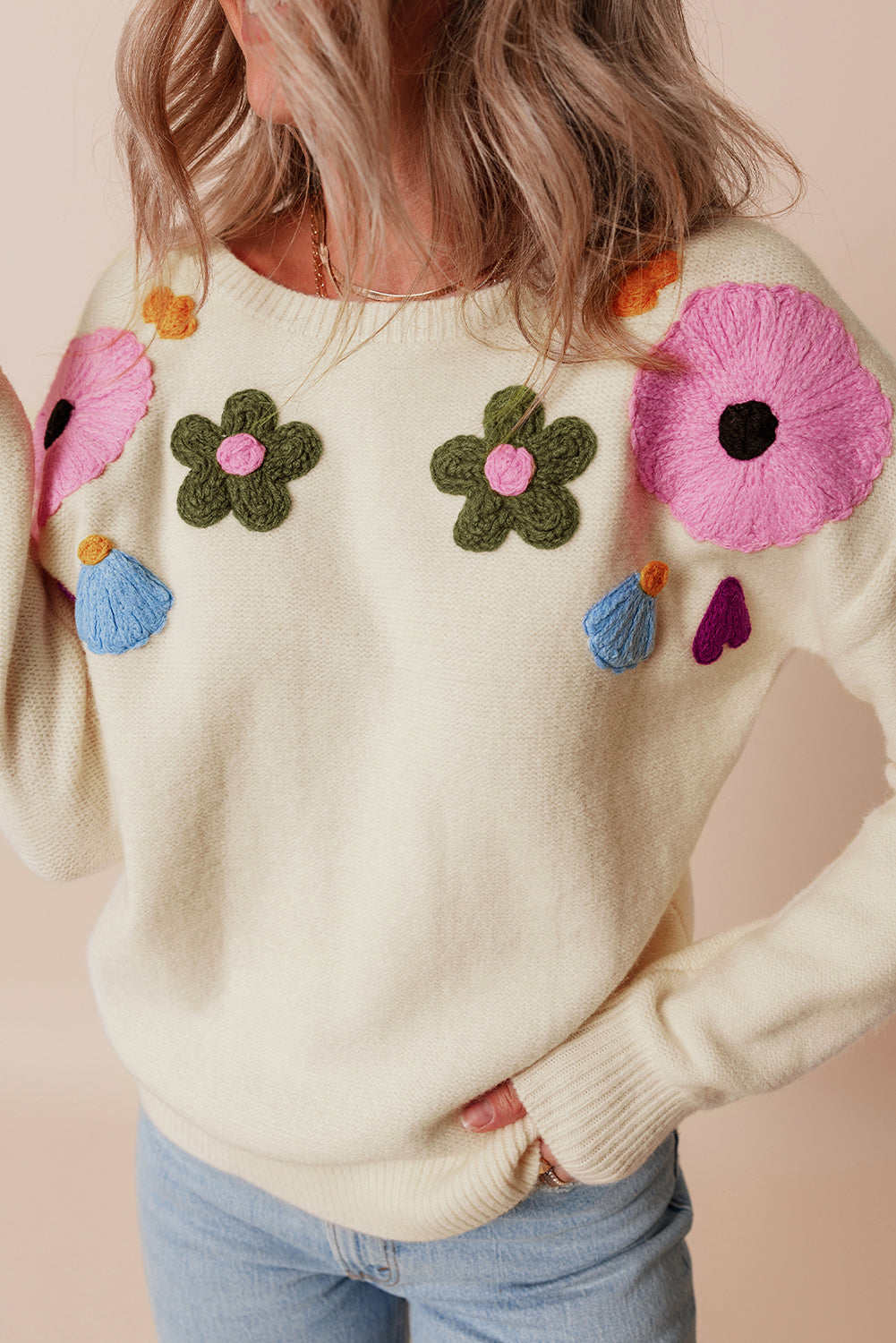 Knitted Flower Pattern Ribbed Edge Sweater | Beige