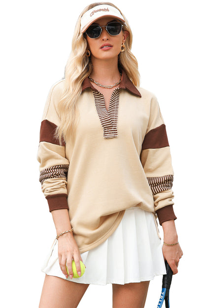 Striped Colourblock Patchwork Collar Sweatshirt | Light French Beige