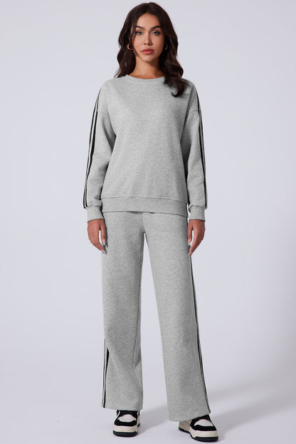 Solid Colour Side Striped Sweatshirt Active Set | Light Grey