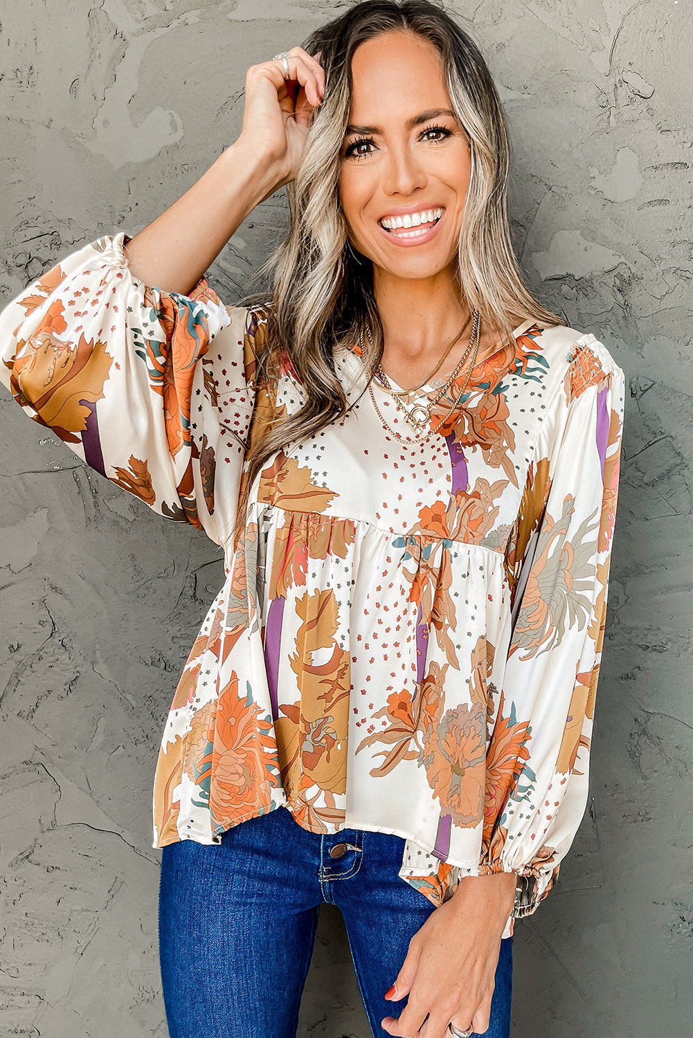 Floral Print V Neck Babydoll Blouse | Multicolour