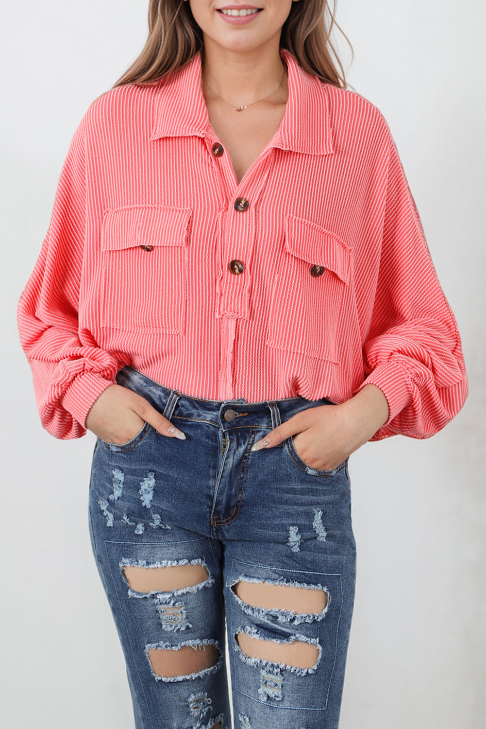 Corded Flap Pocket Henley Top | Pink