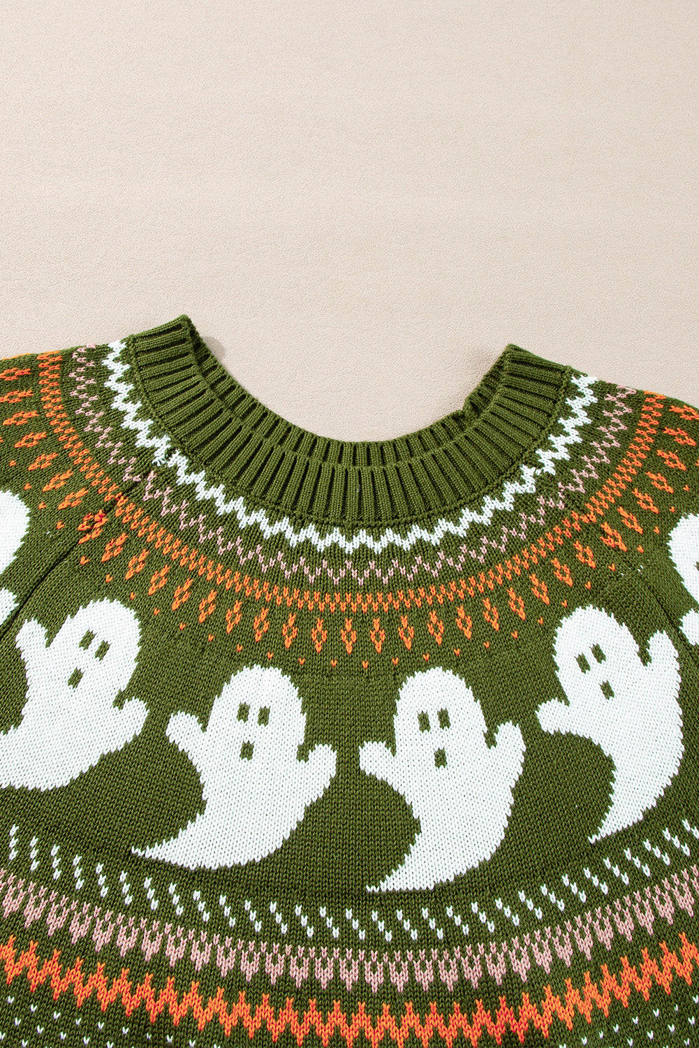 Halloween Ghost Pattern Drop Shoulder Sweater | Jungle Green