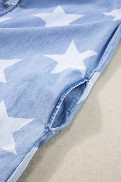 Stars Frayed Hem Collared Short Sleeve Denim Dress | Sky Blue