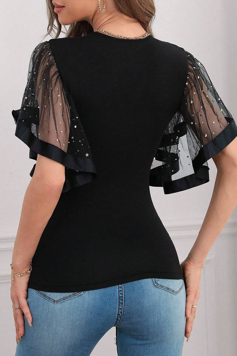 Starry Mesh Flutter Sleeve Slim Fit Top | Black