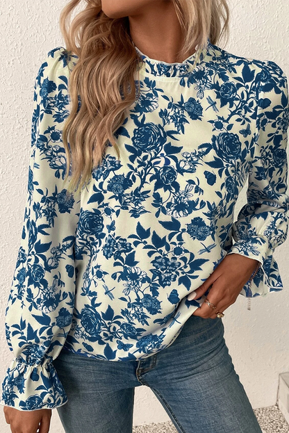 Floral Print Flounce Sleeve Keyhole Back Blouse | Sky Blue