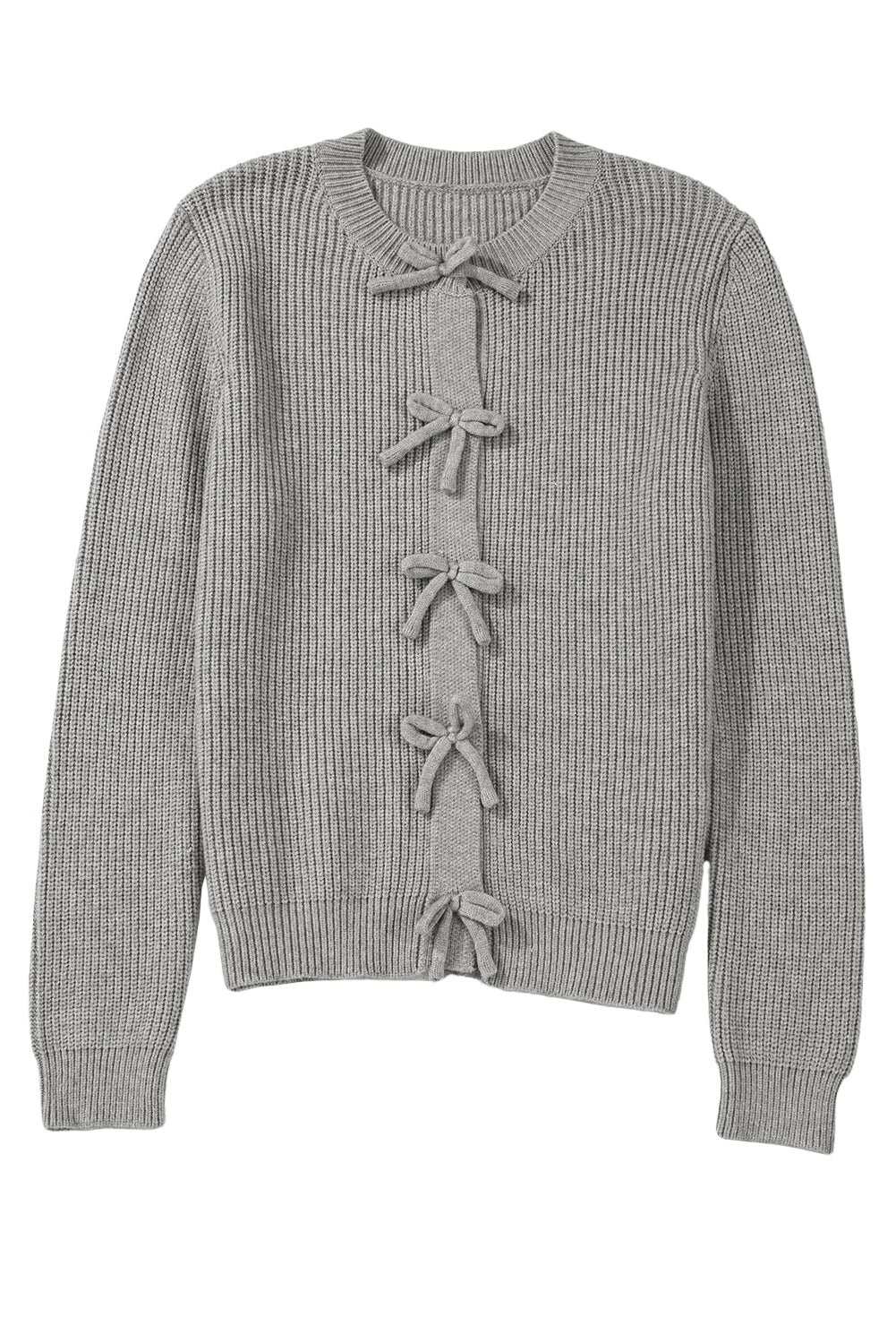 Ribbed Knit Bow Front Buttoned Cardigan | Philippine Gray