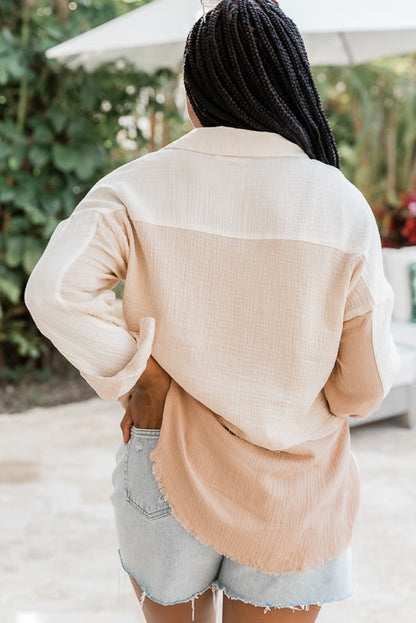 Colour Block Buttoned Raw Hem Textured Shirt | Khaki