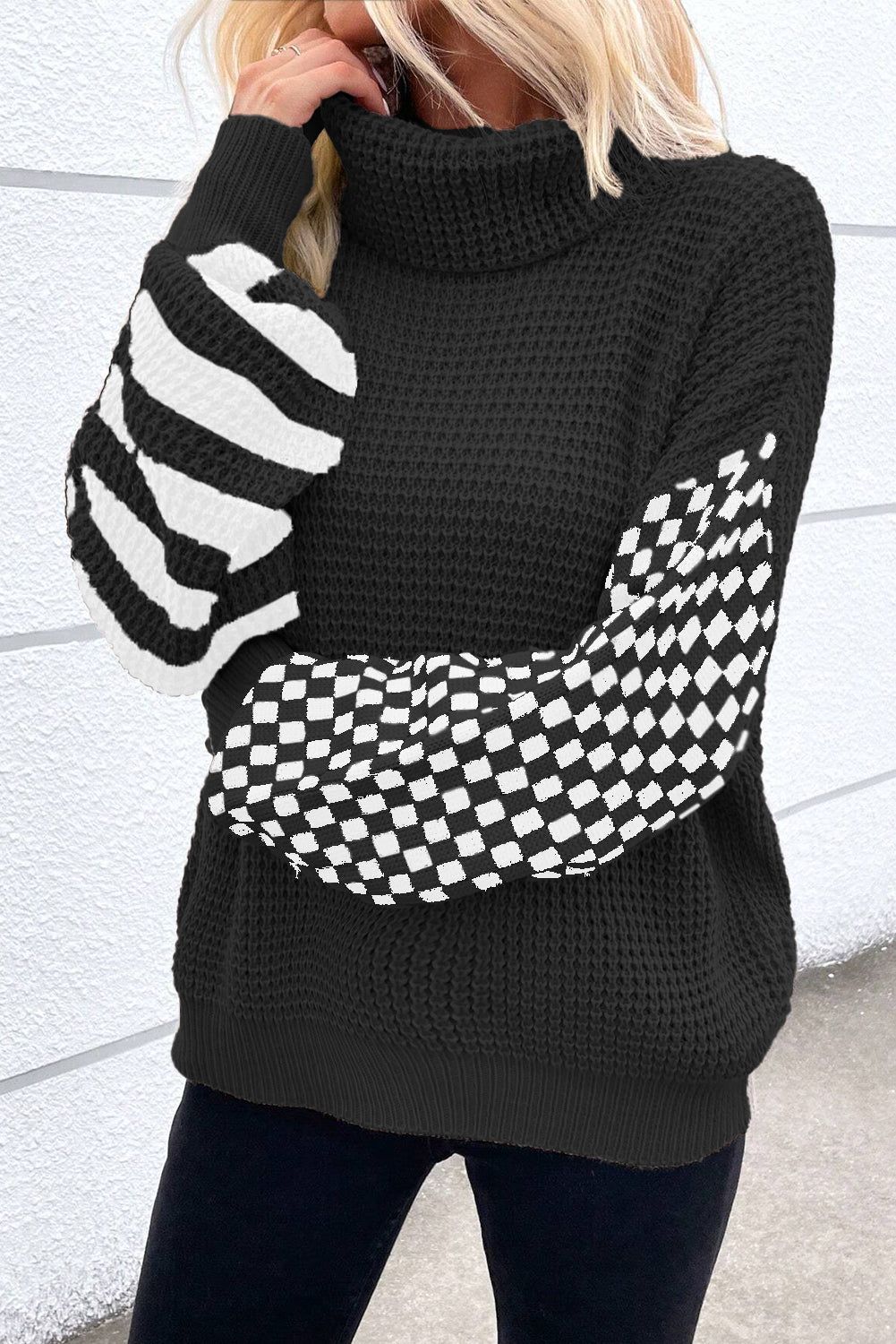 Striped Plaid Patchwork Waffle Knit Turtleneck Sweater | Black