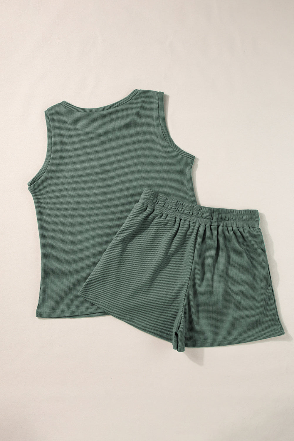 Waffle Knit Patched Pocket Tank And Drawstring Shorts Set | Mist Green