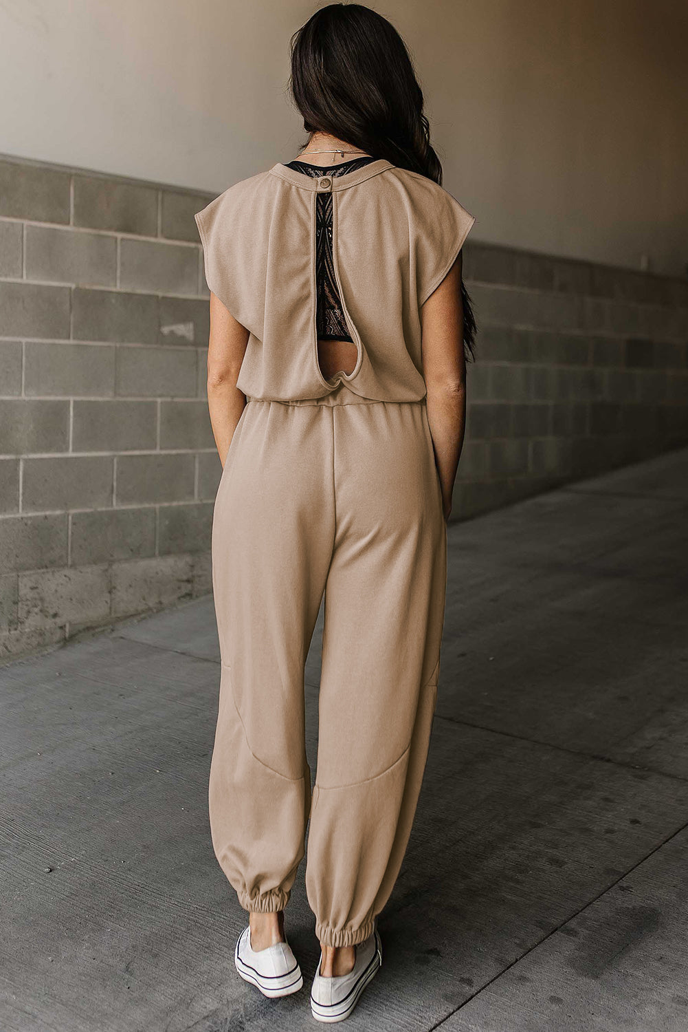 Cap Sleeve Open Back Drawstring Jogger Jumpsuit | Light French Beige