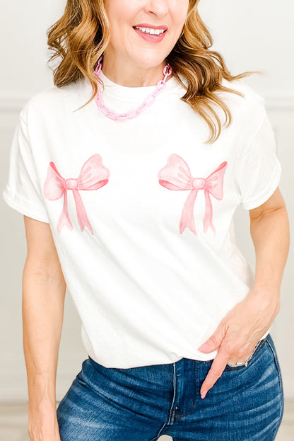 Sweet Bow Knot Print O Neck Casual T Shirt | White