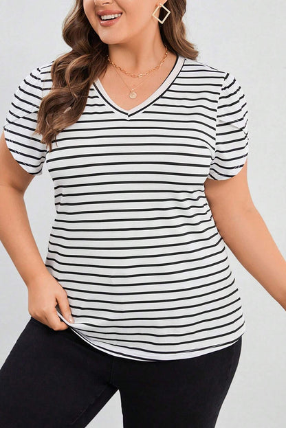 V Neck Petal Sleeve Plus Size T-Shirt | White Stripe