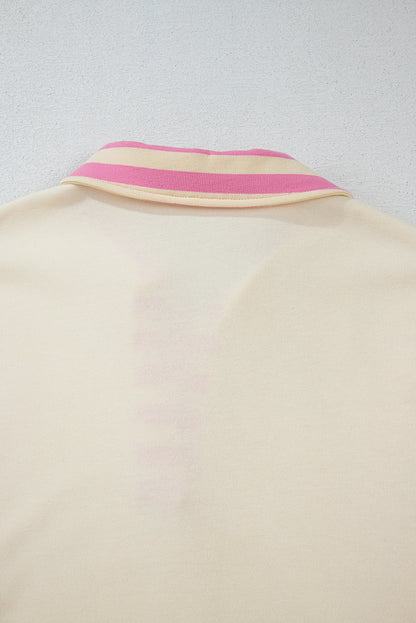 Colourblock Patchwork Collared French Terry Knit Top | Pink Stripe