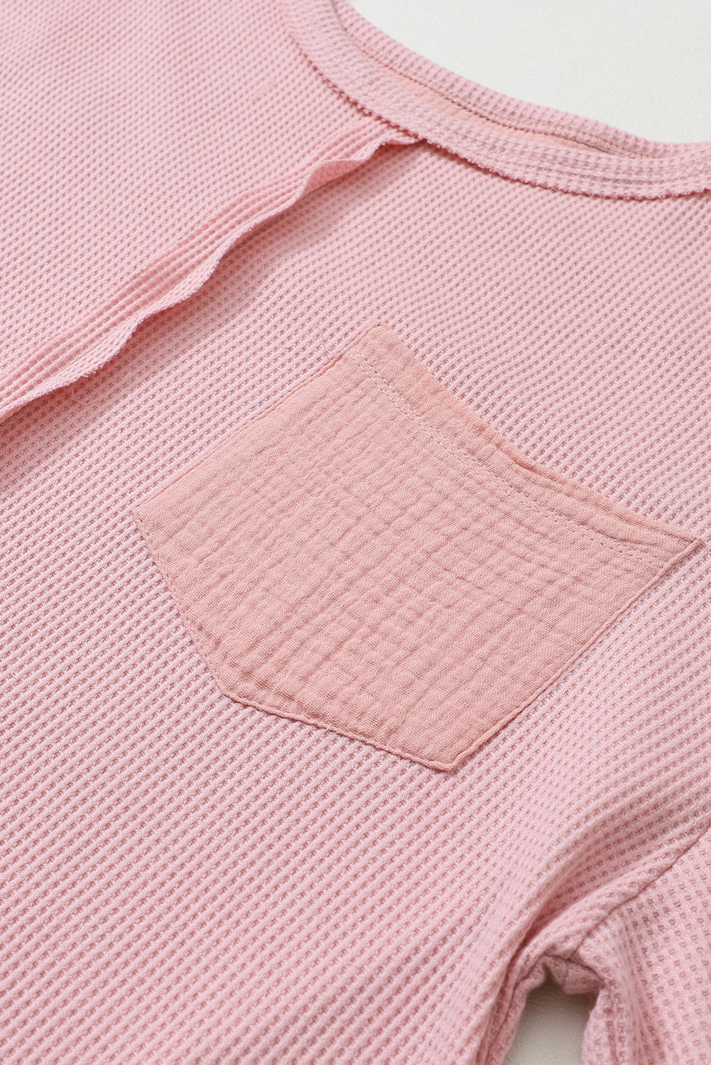 Exposed Seam Patchwork Bubble Sleeve Waffle Knit Top | Pink