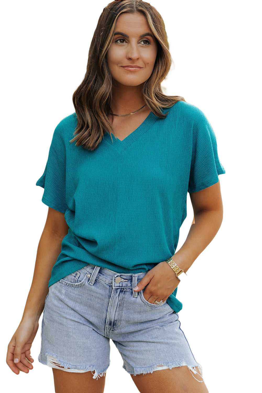 Crinkled V Neck Wide Sleeve T-Shirt | Blue Sapphire