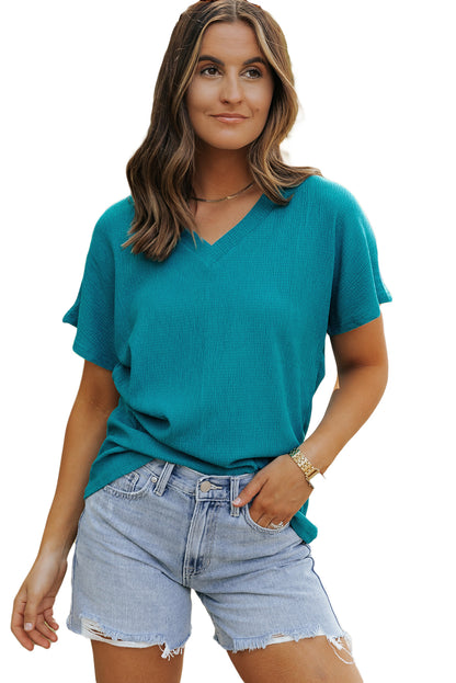 Crinkled V Neck Wide Sleeve T-Shirt | Blue Sapphire