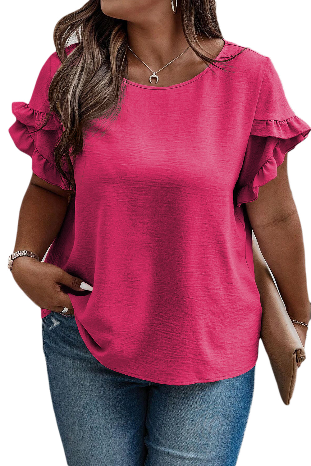 Ruffled Short Sleeve Plus Size Top | Bright Pink