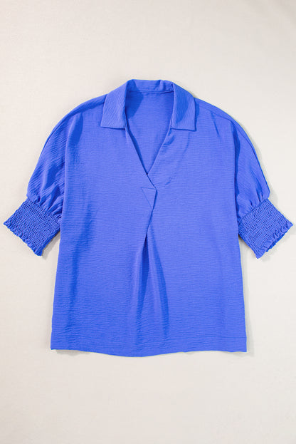 Boxy Collared Smocked Sleeve Cuffs Blouse | Dark Blue