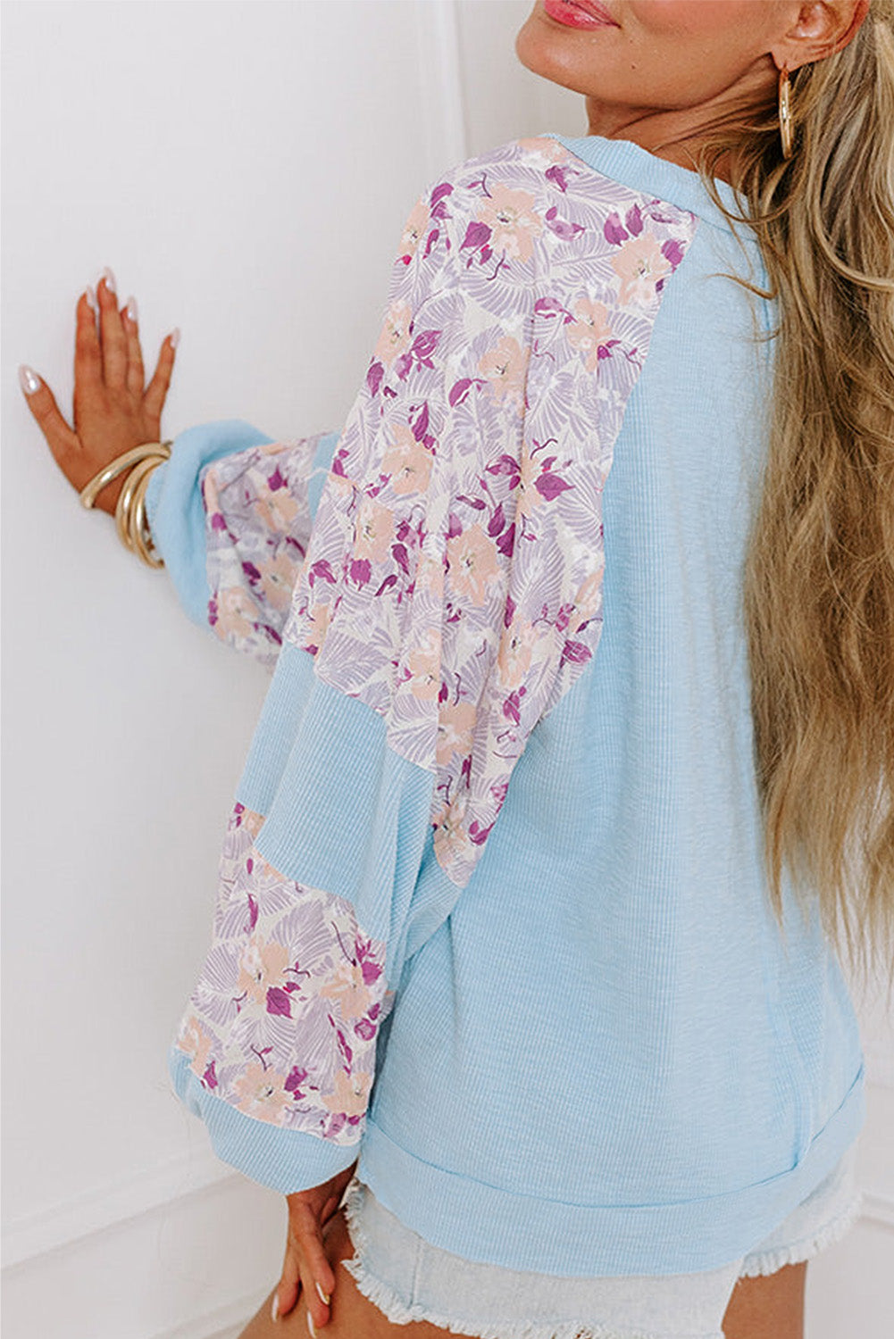 Textured Floral Patchwork Balloon Sleeve Blouse | Beau Blue