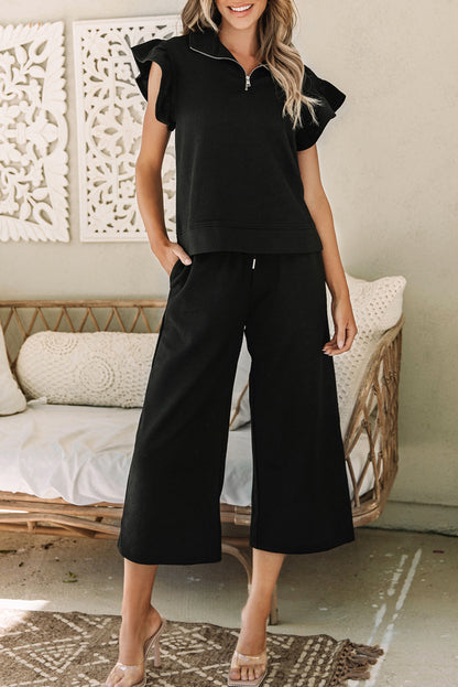 Textured Flutter Sleeve Top Wide Leg Pants Set | Black