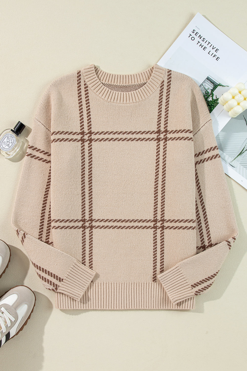 Plaid Pattern Knitted Drop Shoulder Sweater | Khaki