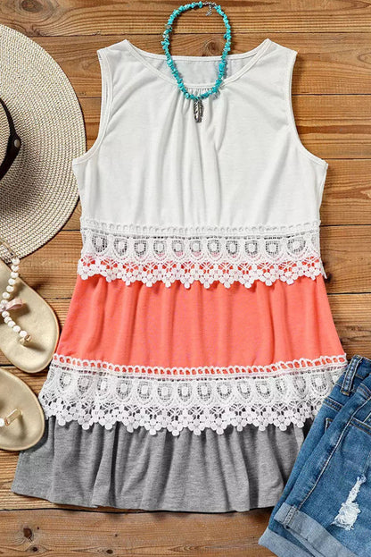 Crochet Lace Trim Colour Block Tank Top | White