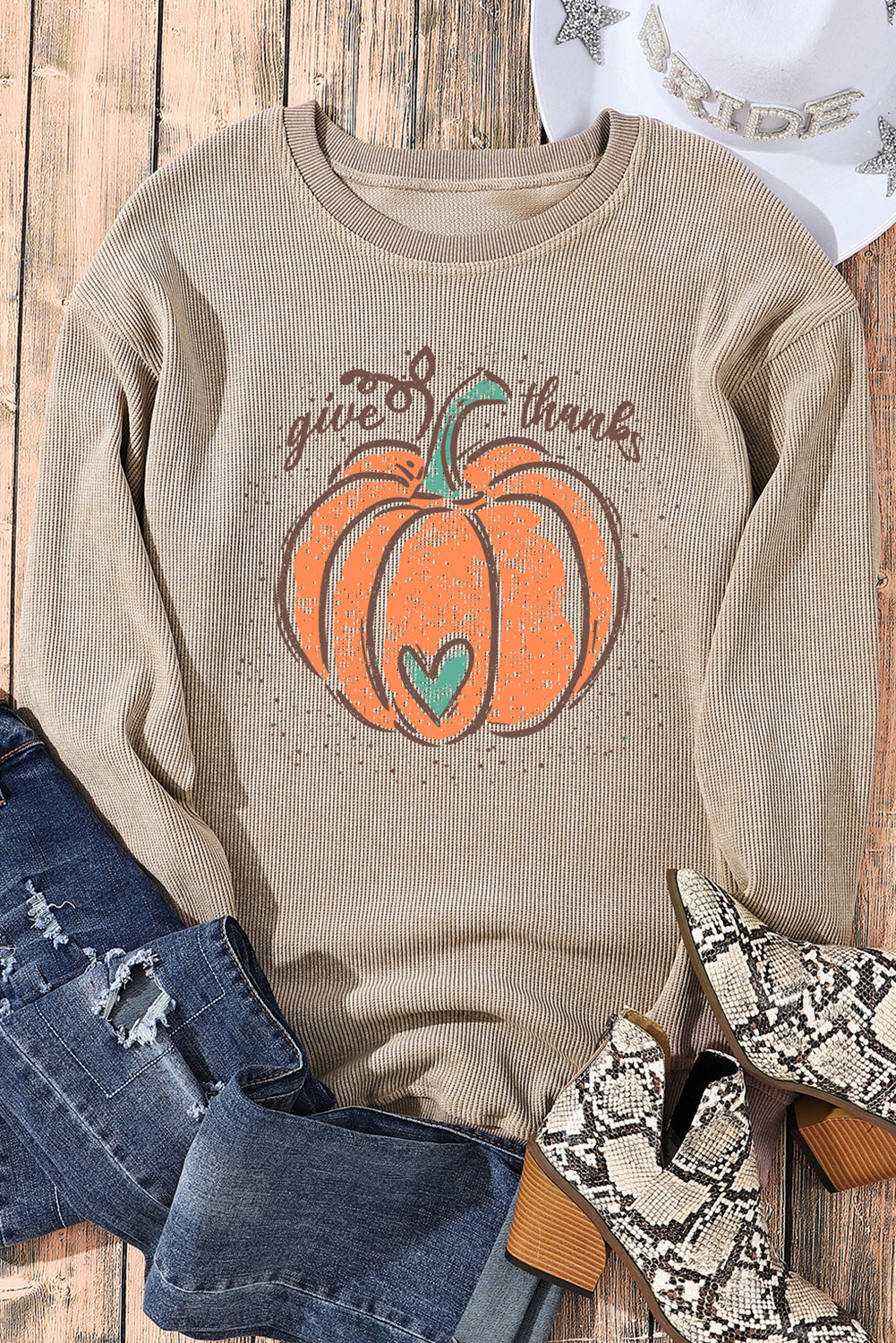 Give Thanks Pumpkin Graphic Corded Sweatshirt | Khaki