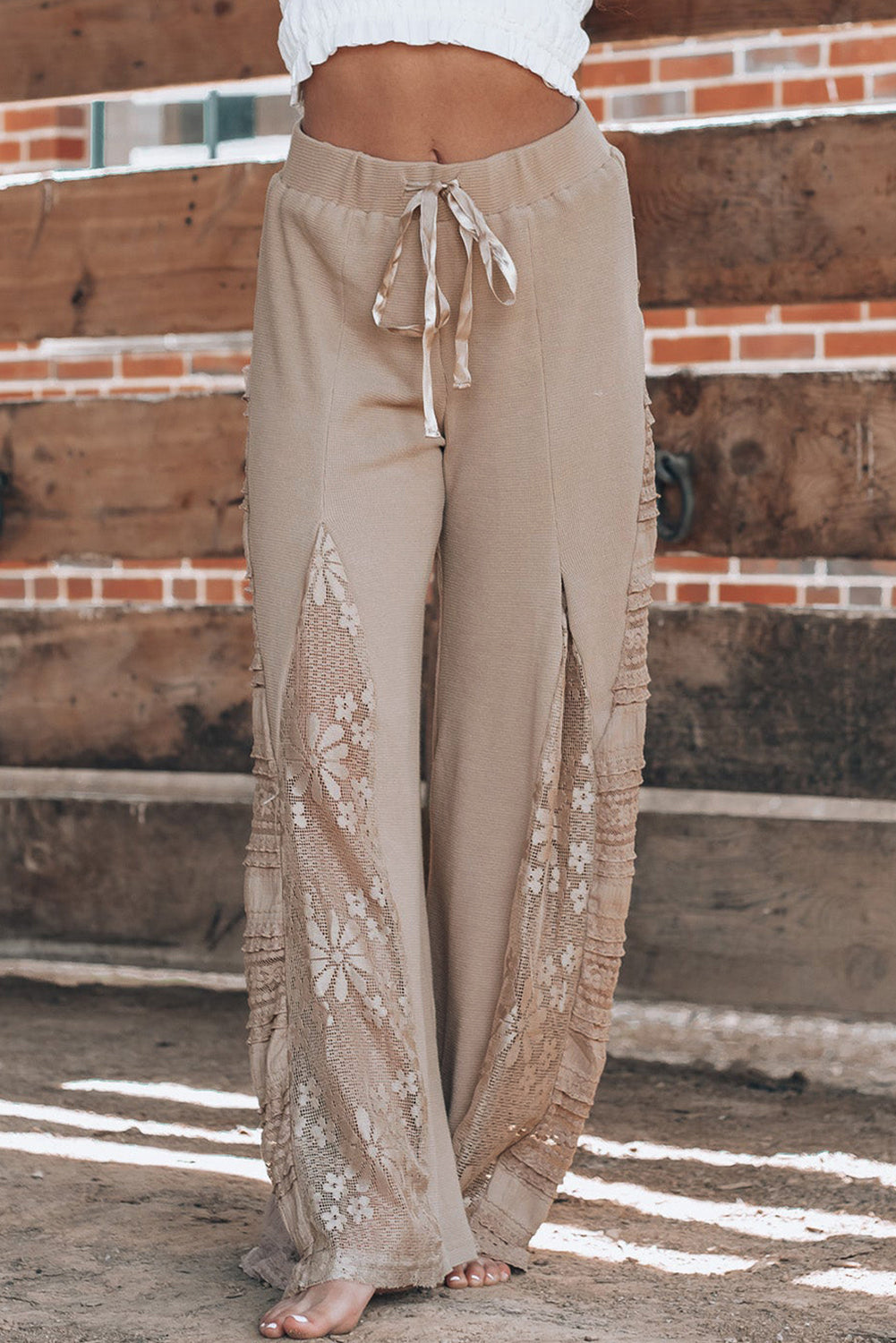 Boho Lace Patchwork Wide Leg High Waist Pants | Smoke Gray