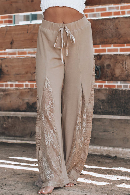 Boho Lace Patchwork Wide Leg High Waist Pants | Smoke Gray