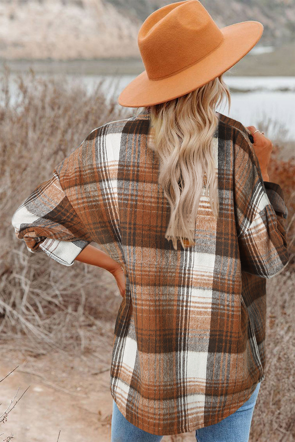 Brown Plaid Flap Pockets Shacket | Gold Flame