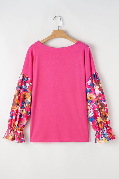 Floral Patchwork Flounce Sleeve Rib Knit Plus Top | Bright Pink