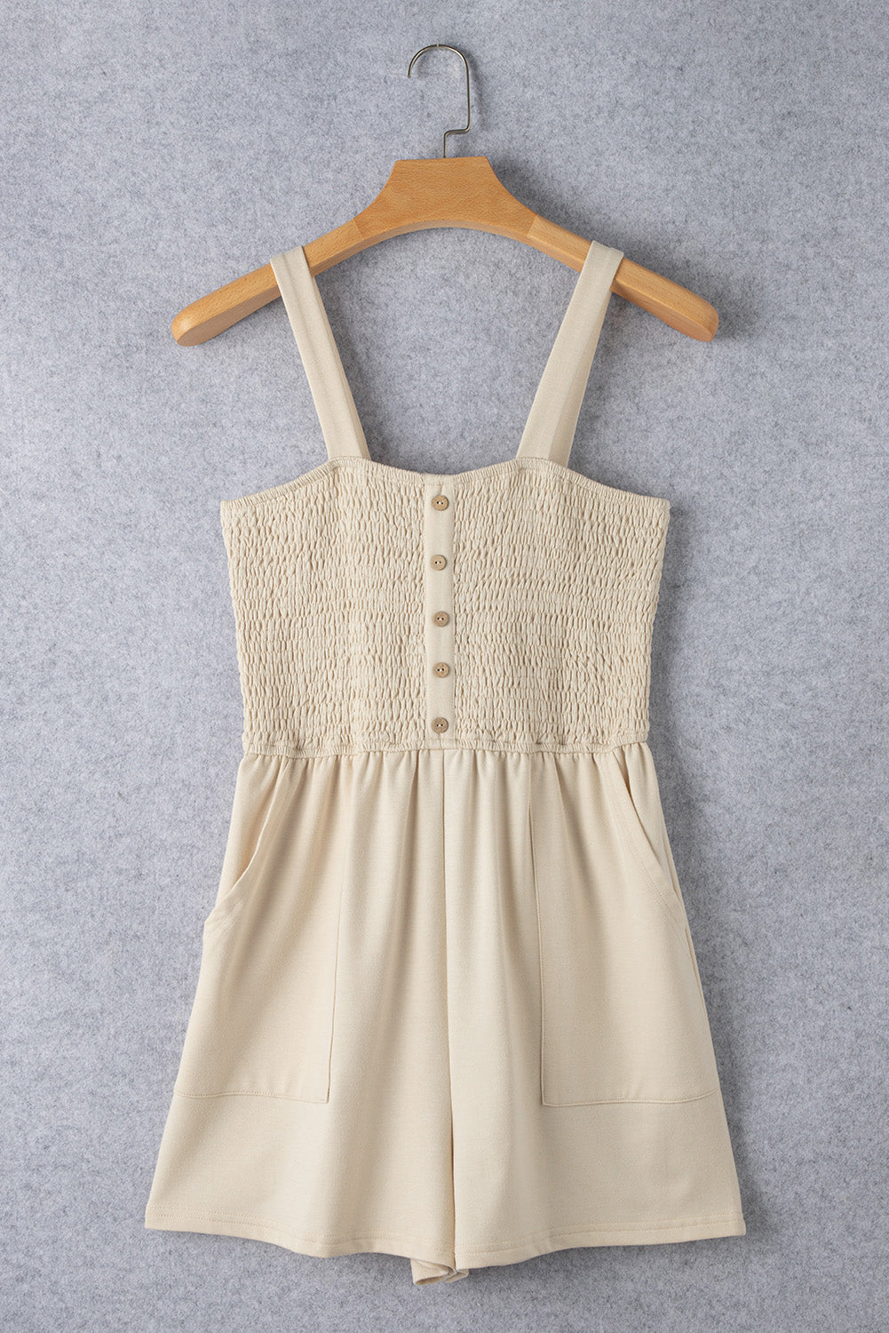 Buttons Smocked Sleeveless Romper | Beige