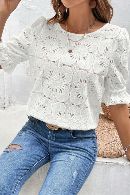 Flower Eyelet Jacquard Keyhole Flounce Sleeve Top | White