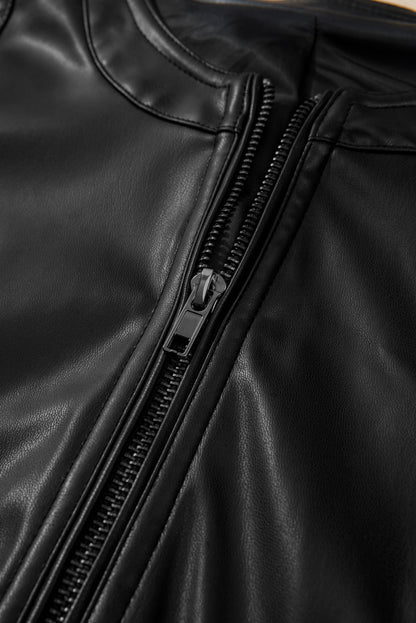 Solid Faux Leather Zipper Slim Fit Bomber Jacket | Black