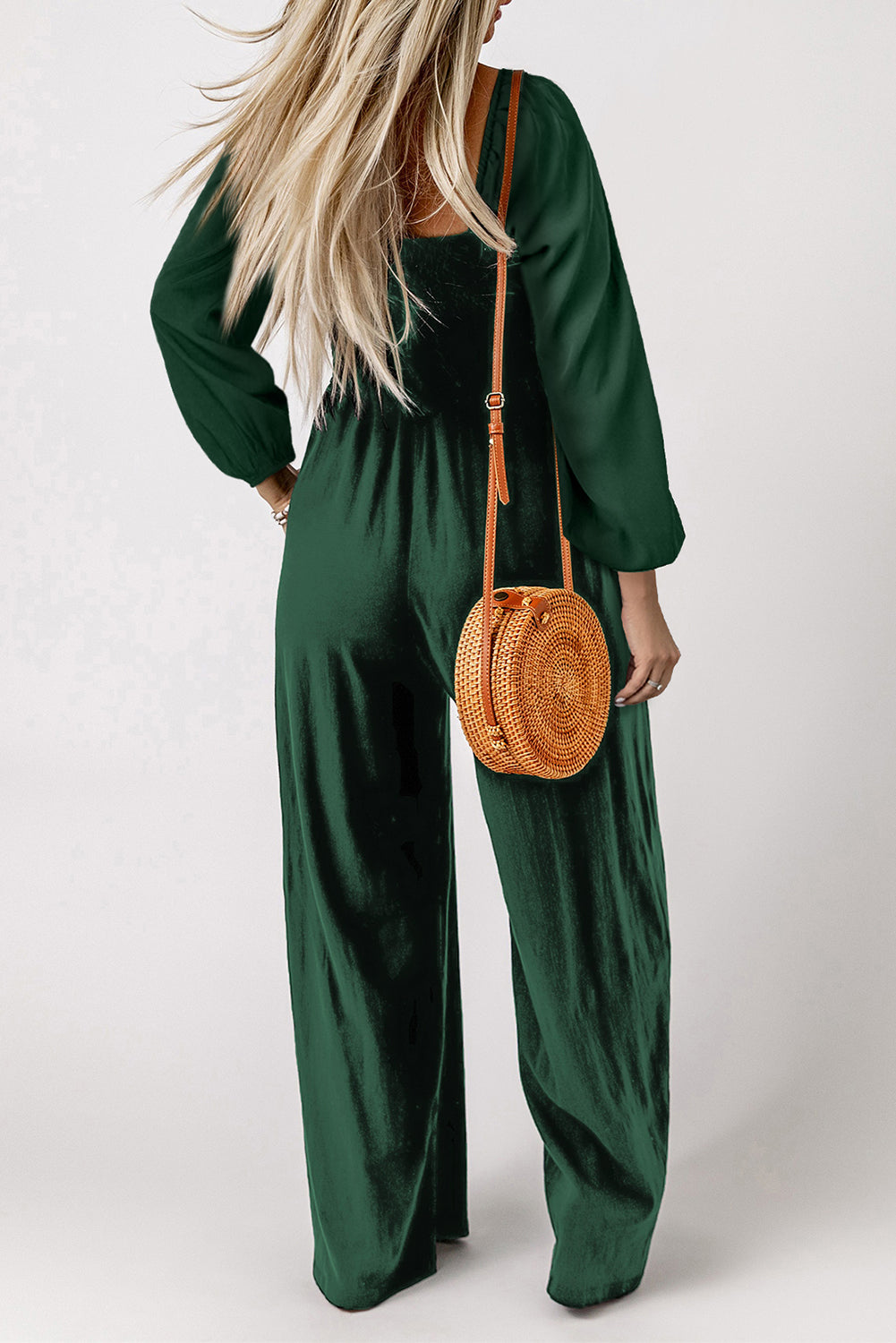 Smocked Square Neck Long Sleeve Wide Leg Jumpsuit | Green