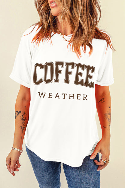 Coffee Weather Round Neck Graphic T Shirt | White