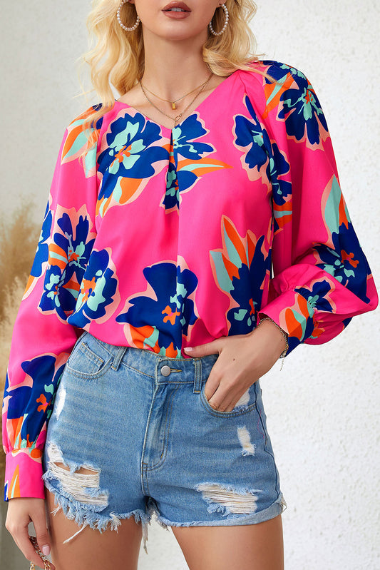 Rose Flower Print Puff Sleeve Blouse