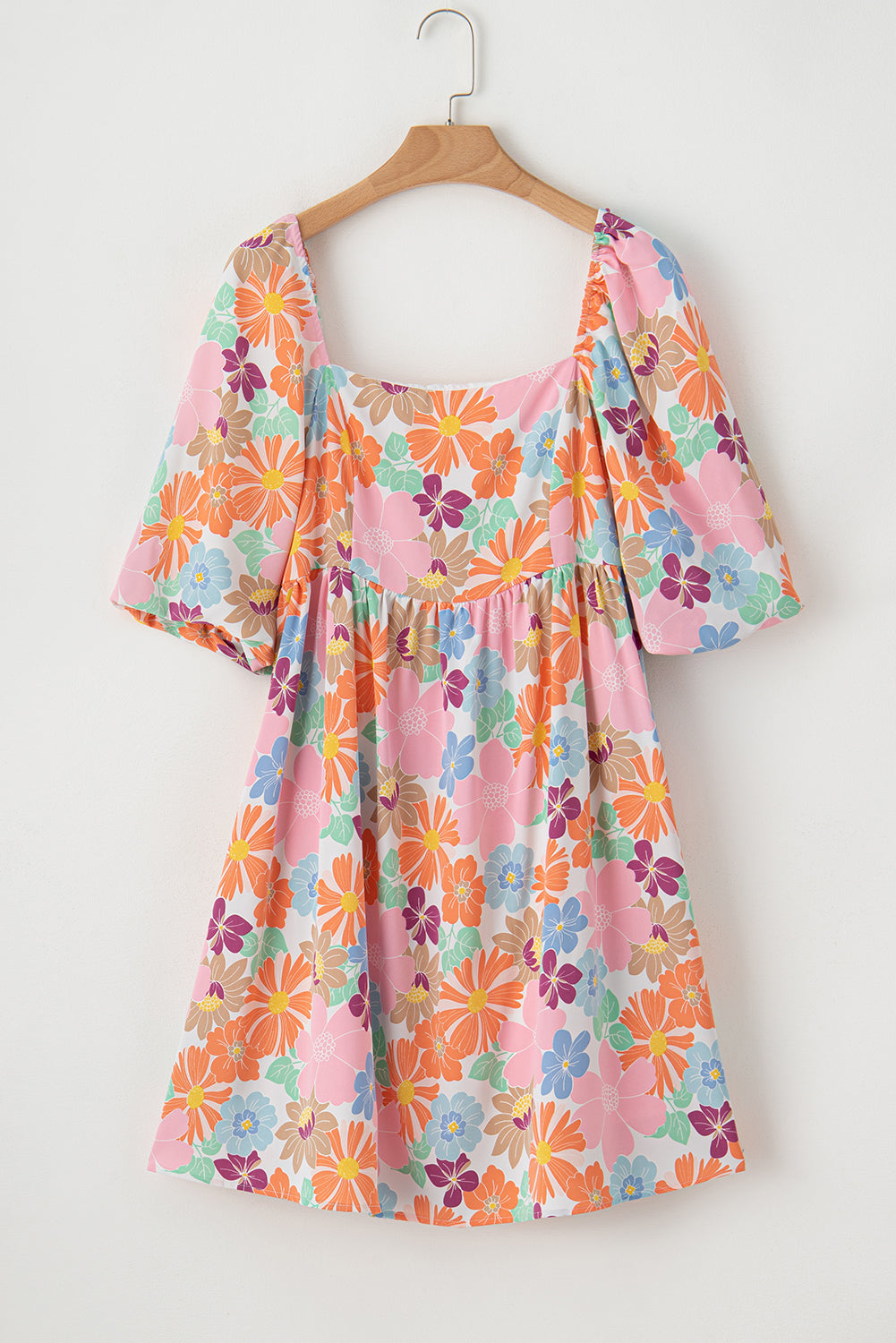 Summer Floral Square Neck Puff Sleeve Babydoll Dress | Pink